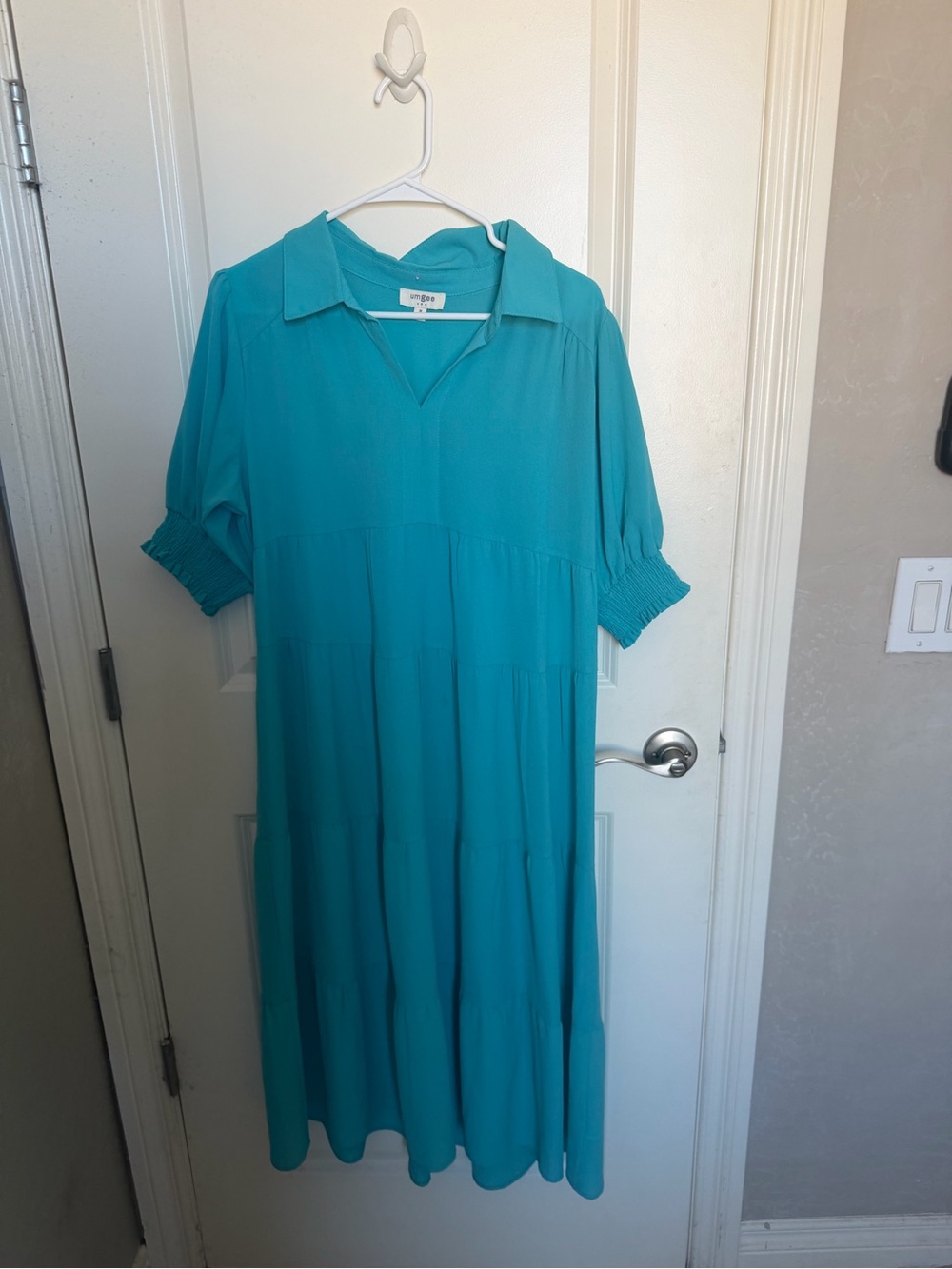 Umgee Teal Collared Tiered Midi Dress